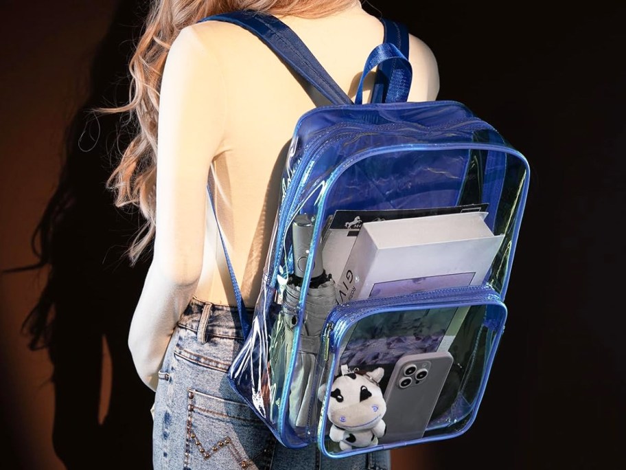 woman wearing a blue and clear backpack on her back