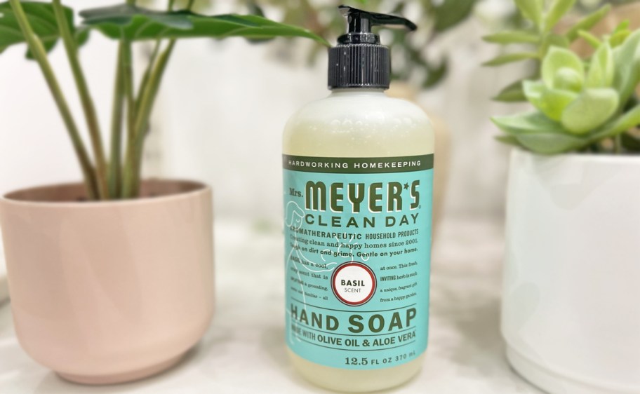 bottle of bottle of Mrs. Meyer's Hand Soap between two faux plants