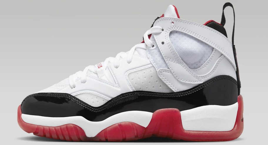 white, black, and red basketball sneaker