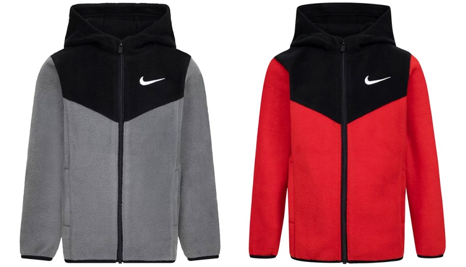 black/grey and black/red colorblock fleece zip up jackets