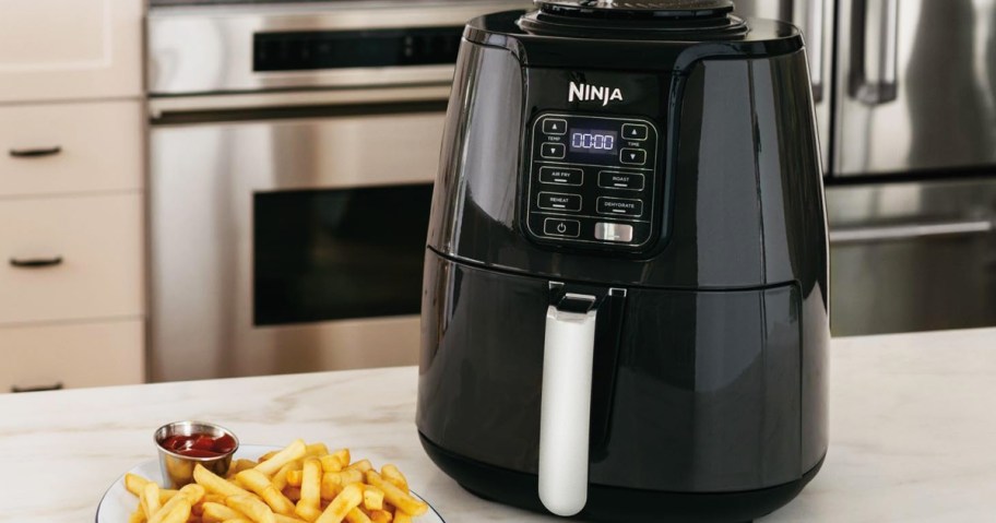 Ninja 4-Quart Air Fryer on counter near plate of fries