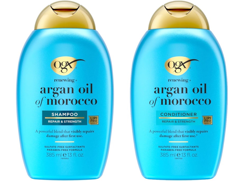 two blue bottles of OGX Renewing Argan Oil shampoo & conditioner