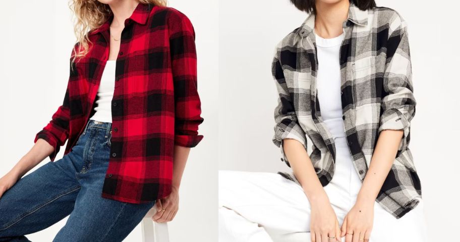 women wearing Old Navy Flannel Boyfriend Button-Down Shirts