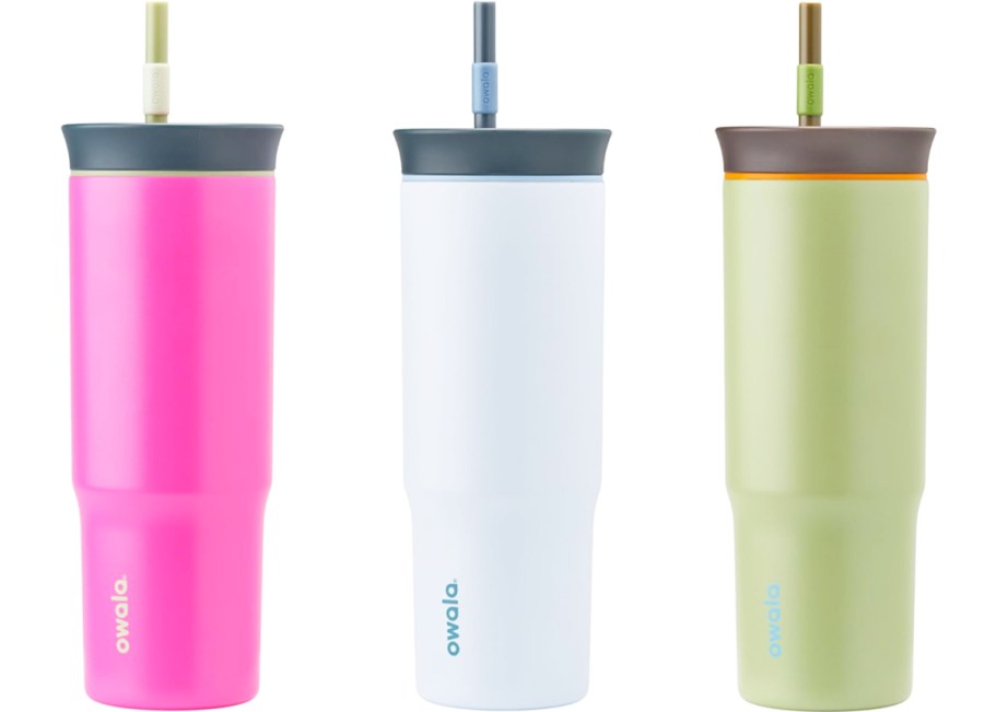 pink, white, and light green Owala 24oz Tumblers