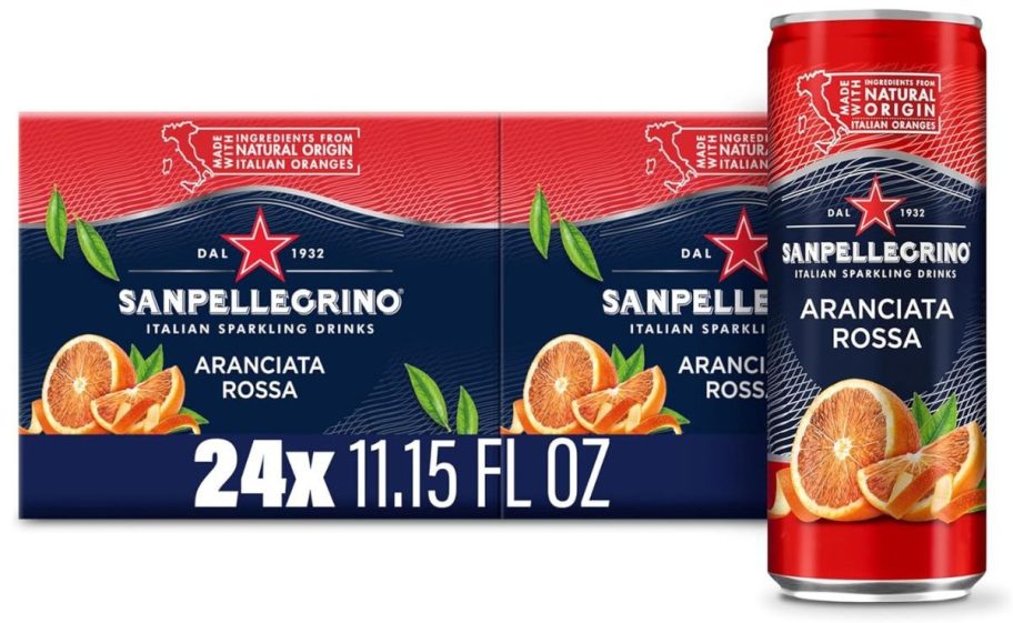 S. Pellegrino Italian Sparkling Drink Aranciata Rossa 11.15oz Cans 24-Pack stock image