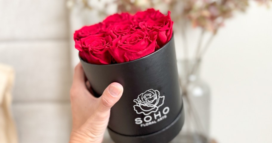 hand holding a round black box with red roses in it, nightstand with vase and leaves in the background