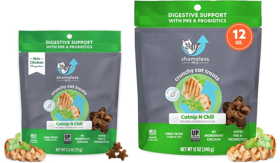 small and large bags of Shameless Pets Crunchy Cat Treats