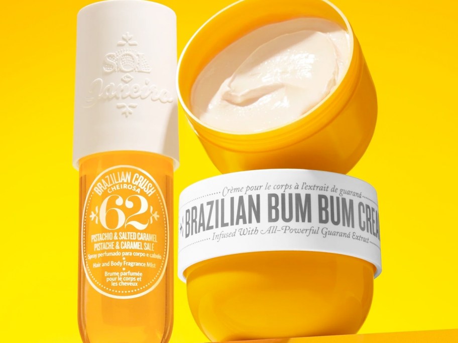 yellow Sol de Janiero body mist and bum bum cream jars