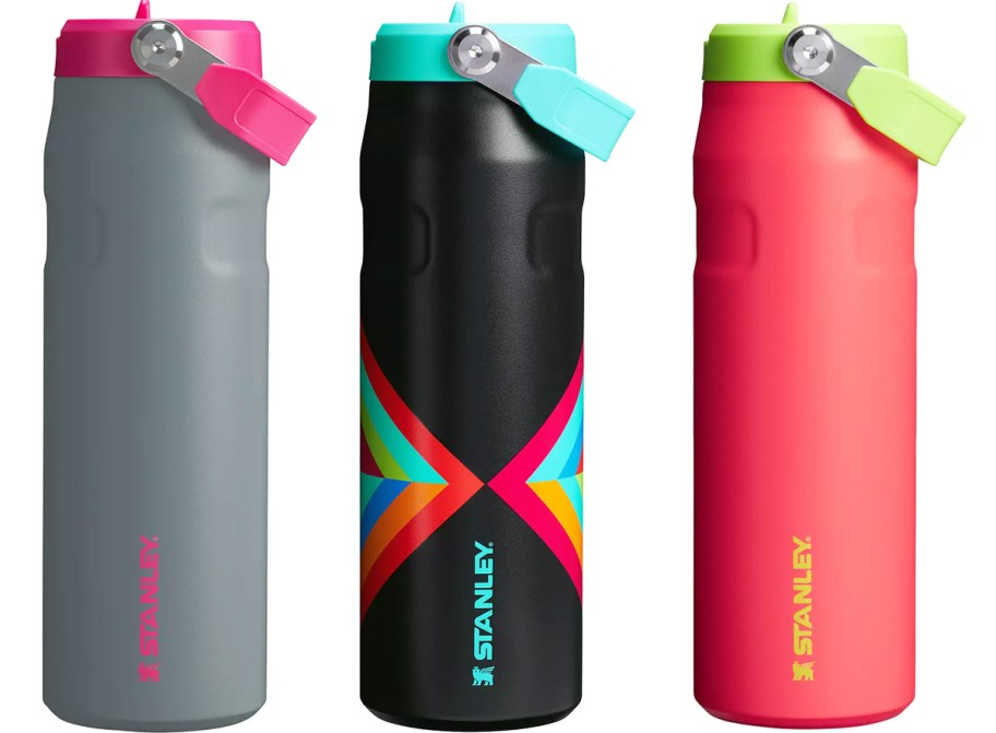 grey, black, and pink stanley water bottles