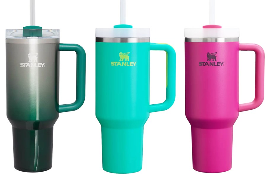 green, teal, and pink stanley tumblers