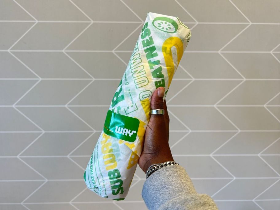 Hand holding up a subway sandwich