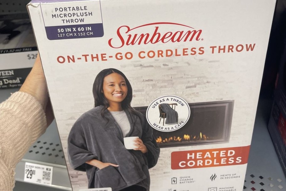 sunbeam on-the-go wearable heated blanket in box on store shelf