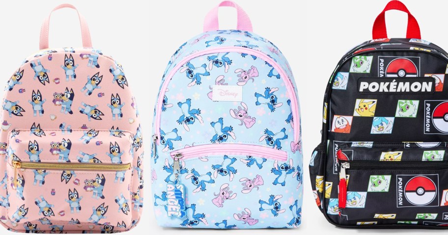 Bluey, Stitch, and Pokemon mini backpacks