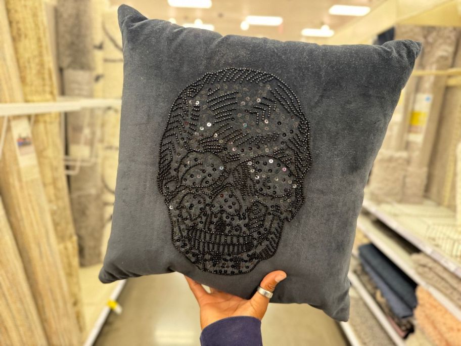 Threshold Beaded Black Skull Velvet Throw Pillow