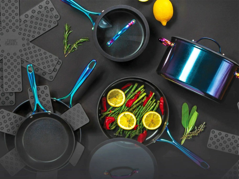 black and iridescent colored cookware set