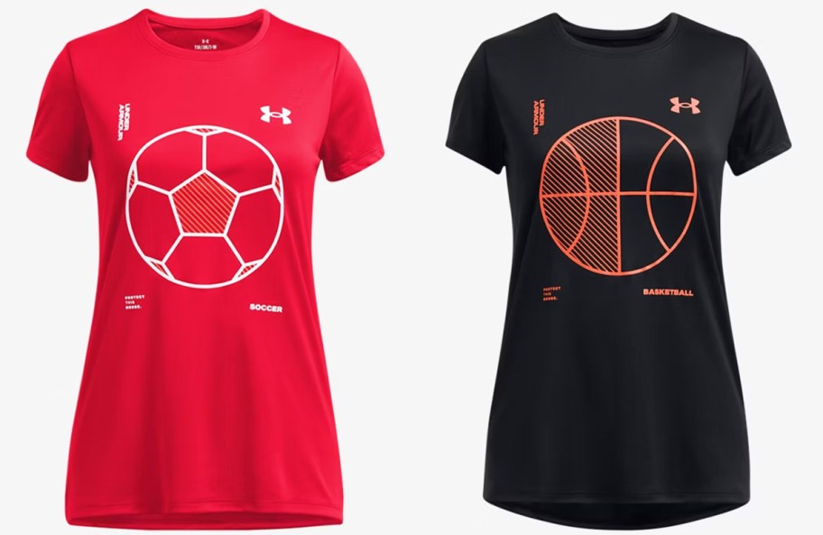 red soccer and black basketball graphic tees