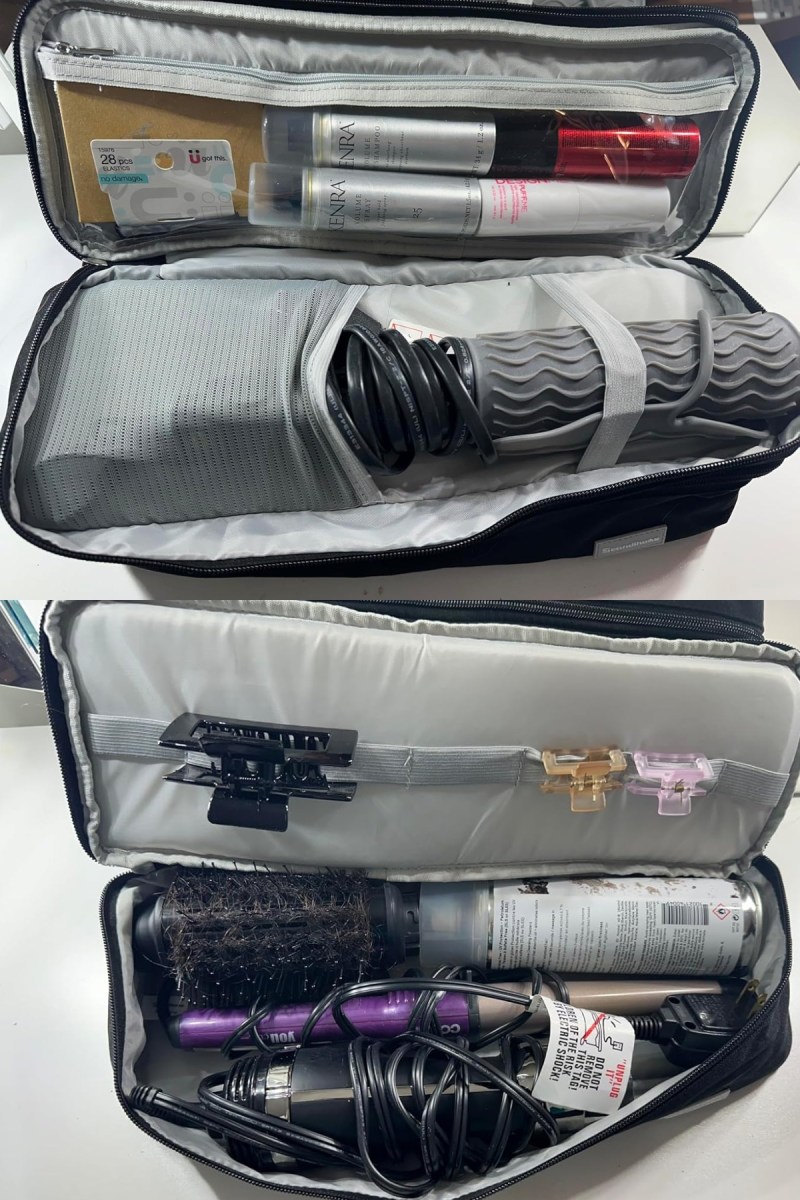 images of a double layer travel case with each onlinepartment open filled with haircare tools, products, and accessories.