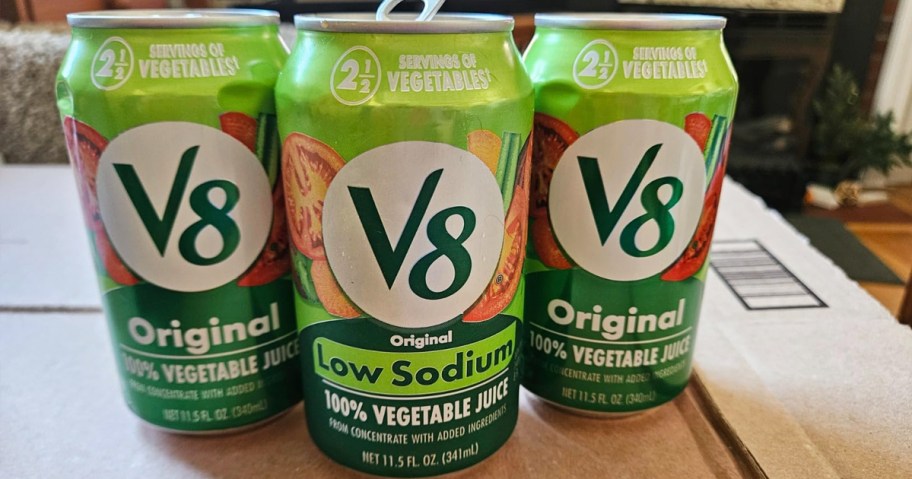 3 green cans of V8 juice