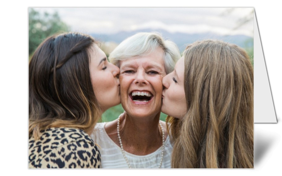 Walgreens folded card with mom and daughters showing