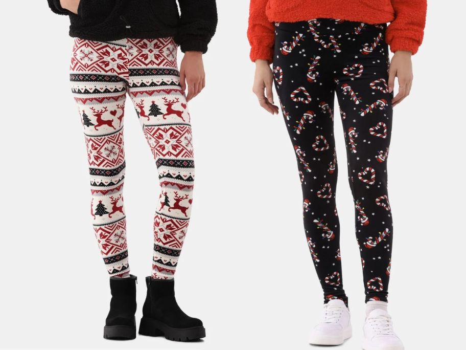 2 women wearing Walmart Christmas Leggings