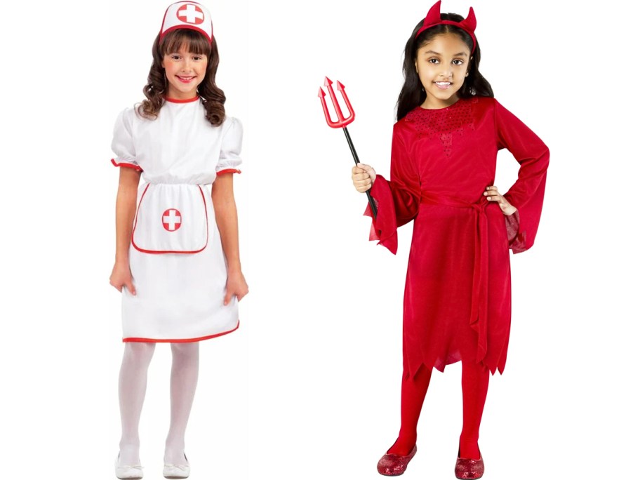 girls in nurse and devil halloween costumes