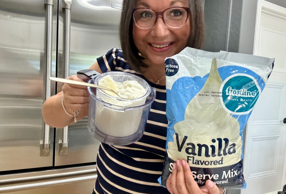 Woman holding vanilla ice cream mixture