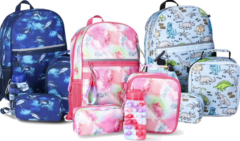 shark, unicorn cat, and dinosaur print backpack sets