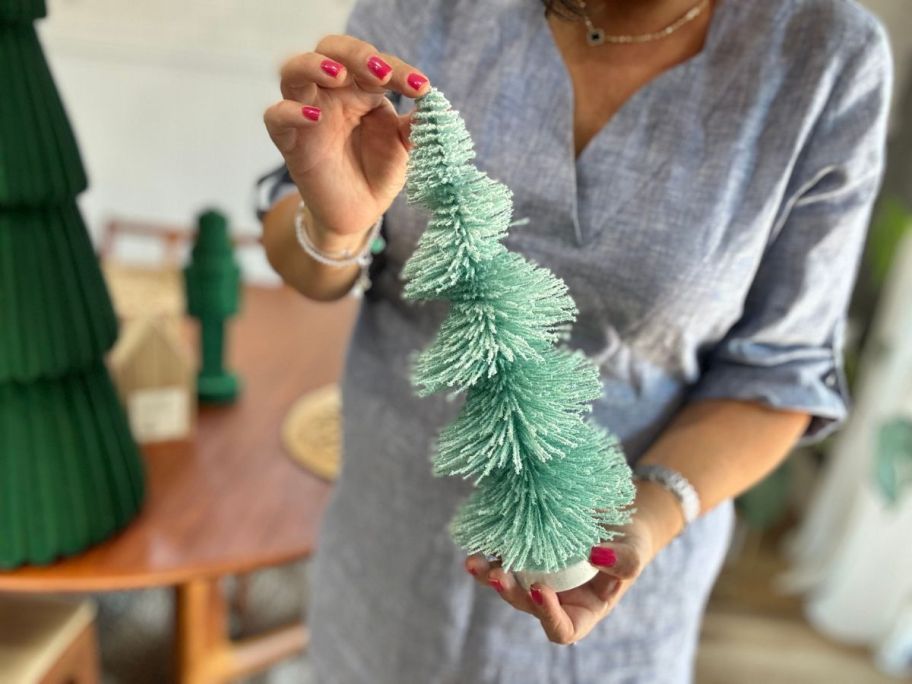 Wondershop 12" Spiral Bottle Brush Tree Christmas Figurine in hand