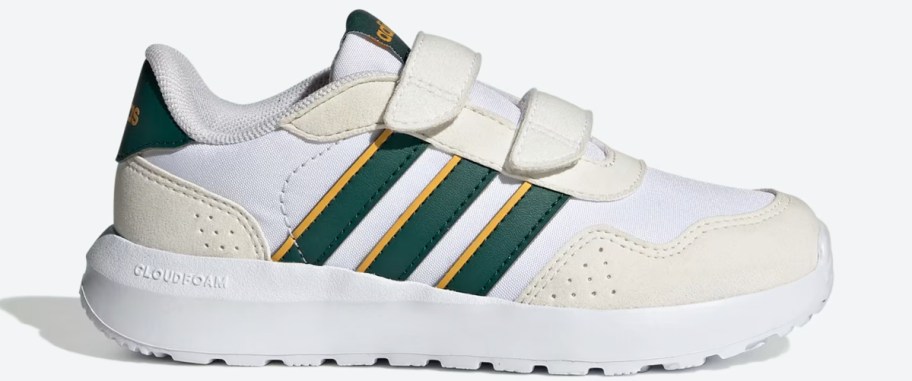 kids white, off white and green adidas shoe