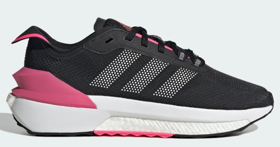 women's black, white and pink adidas running shoe