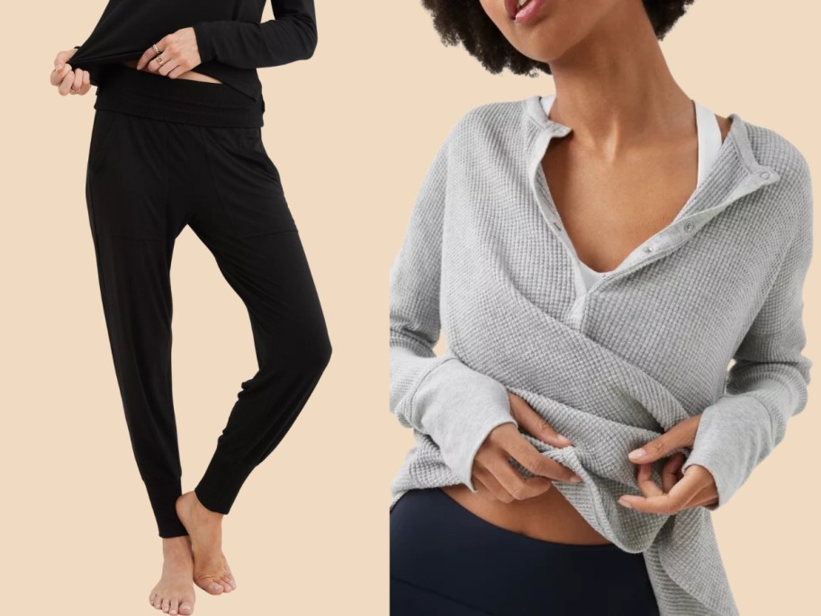 woman wearing black joggers and woman wearing a henley style grey waffle knit shirt