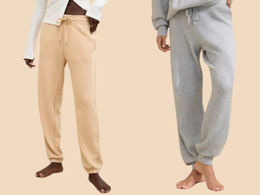 woman wearing light tan joggers and woman wearing light grey waffle joggers