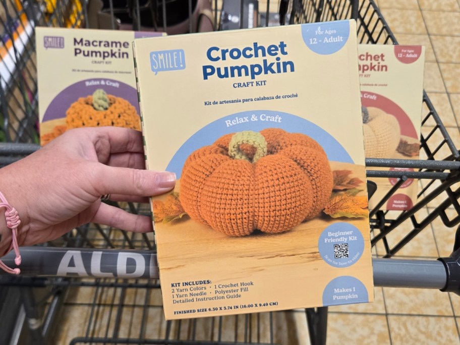 hand holding a pumpkin crochet kit, more in the cart behind it