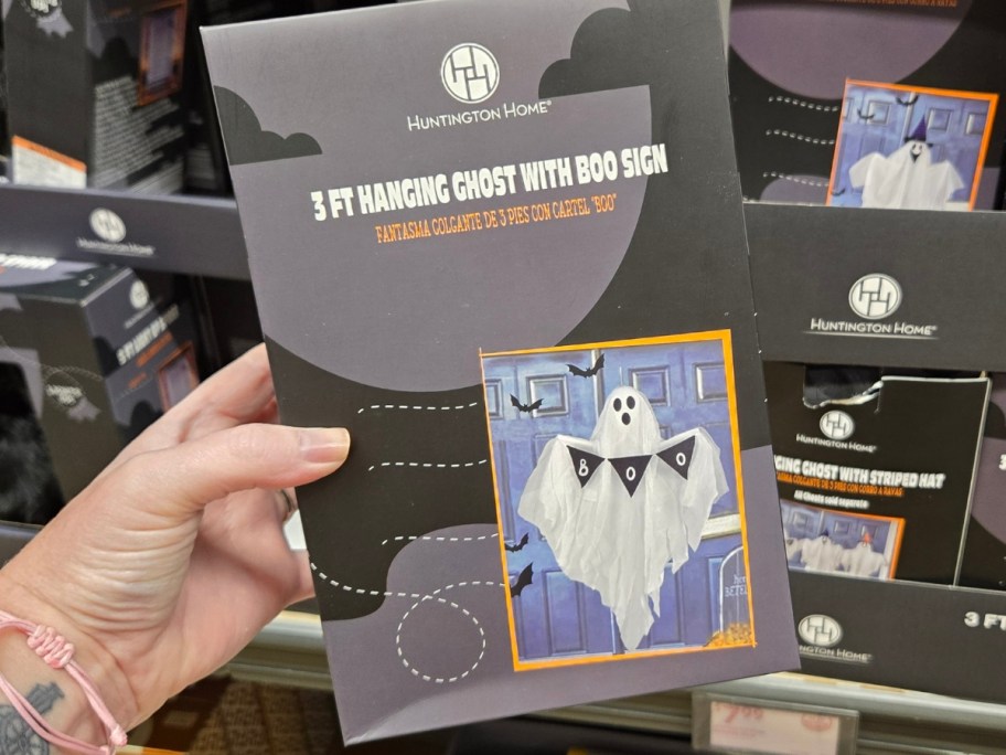 hand holding a package with a hanging ghost Halloween decoration in it