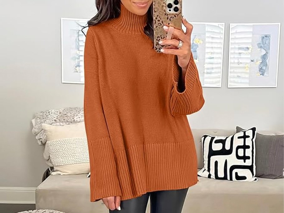 woman wearing orange sweater 