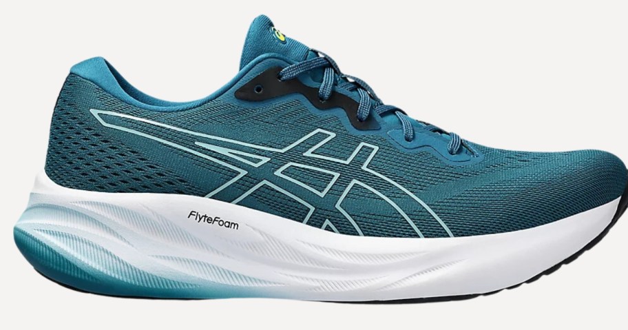 a men's Asics running shoe in teal green with white accents