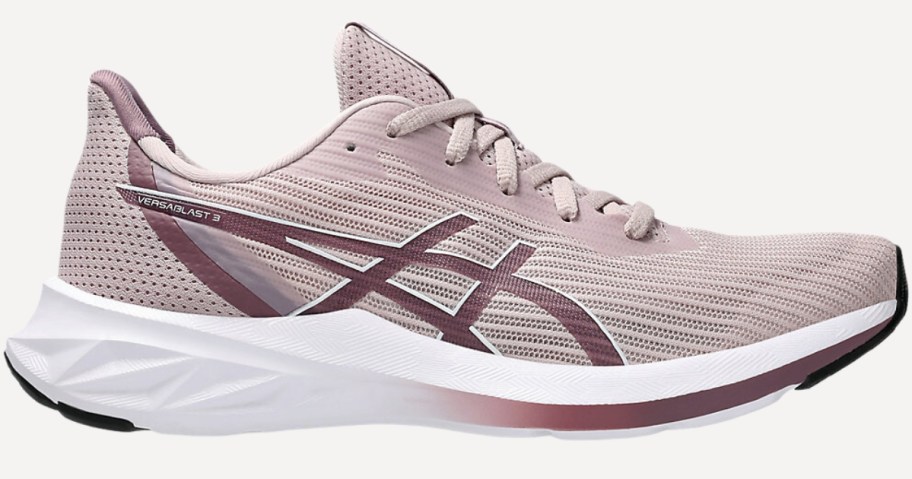 a women's Asics running shoe in light pink, mauve pink and white