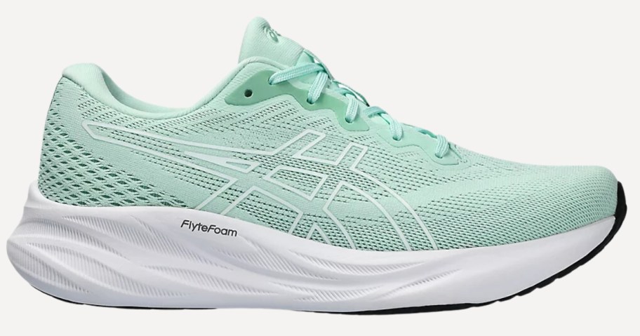 a women's Asics running shoe in mint green with a white sole