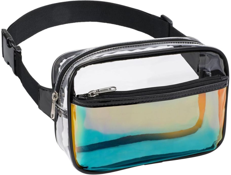 a black trimmed holographic belt bag