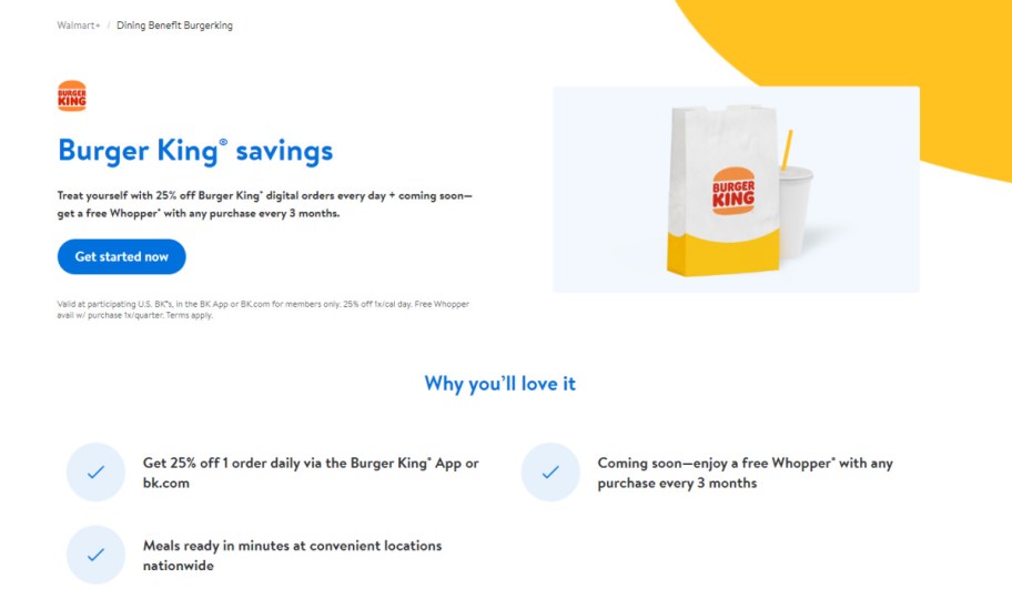 screenshot of walmart plus burger king membership benefit details