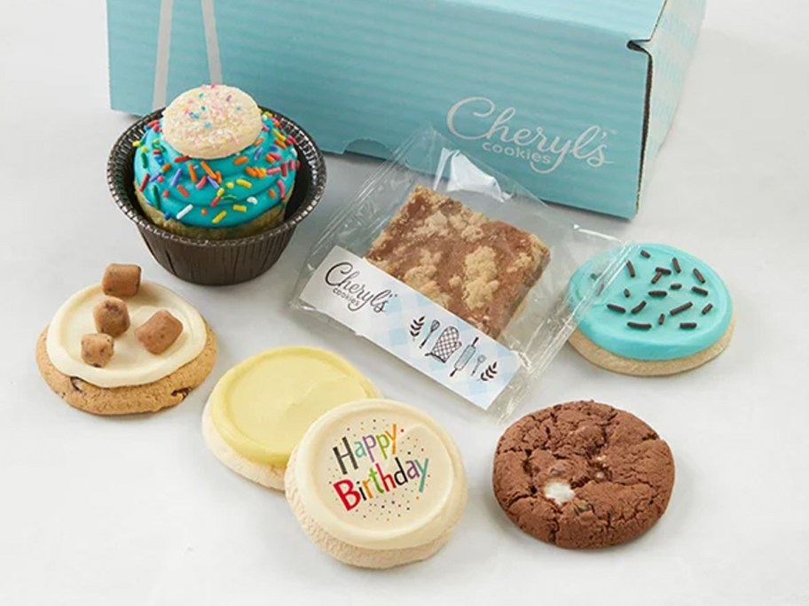 cheryls blue box with cookies and cupcakes 