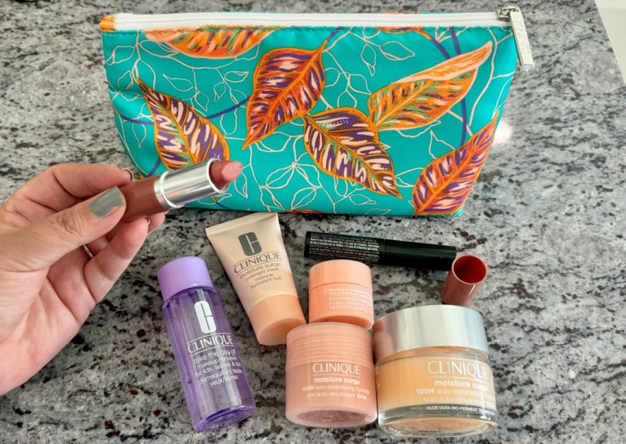 gift set in front of makeup bag