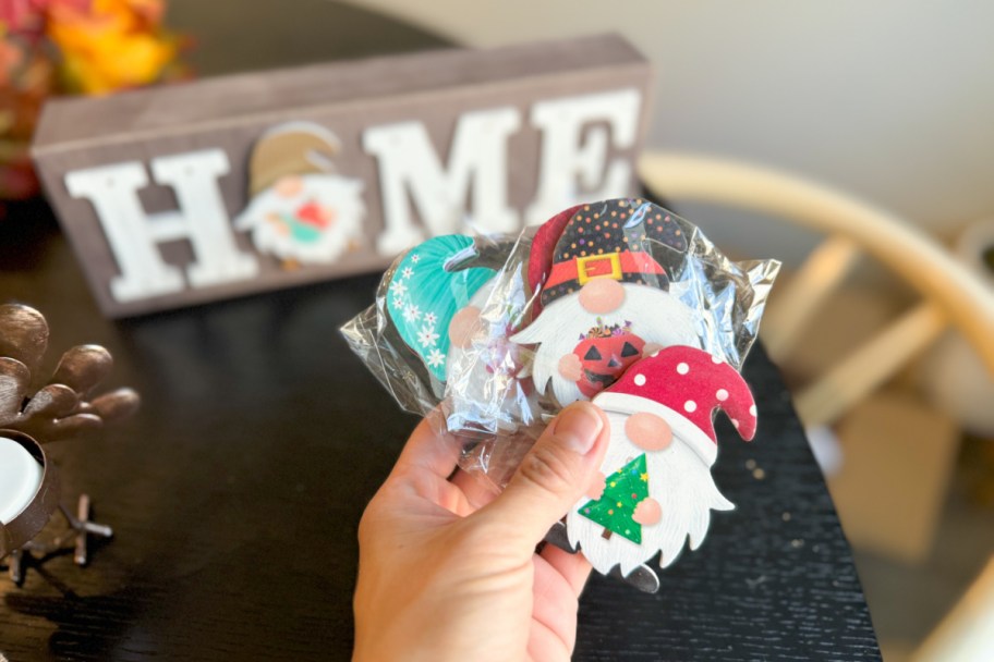 hand holding gnome pieces for sign
