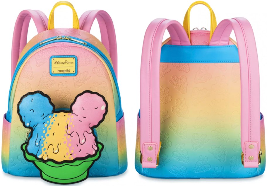 front and back image of disney rainbow shaved ice loungefly backpack 