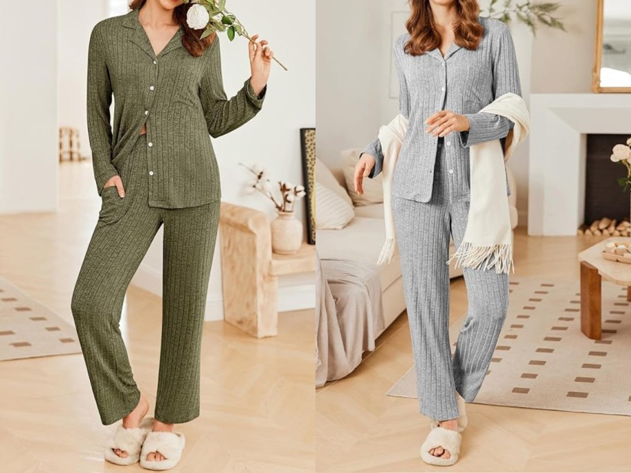 women standing wearing rib knit long sleeve pajama top and pants sets, one in olive green, one in grey