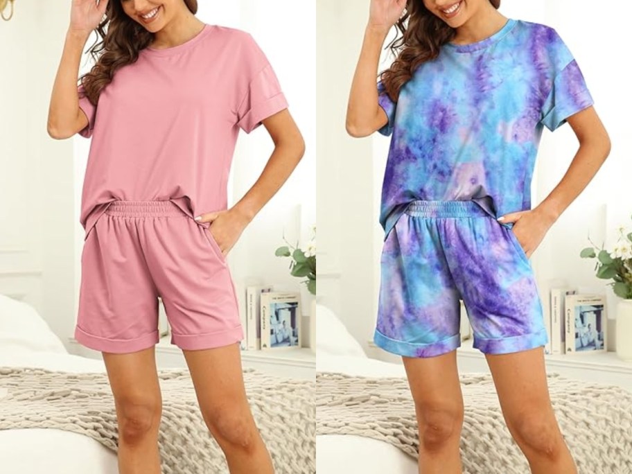 women standing wearing pajama top and shorts sets, one in solid light pink, one in blue and purple tie dye