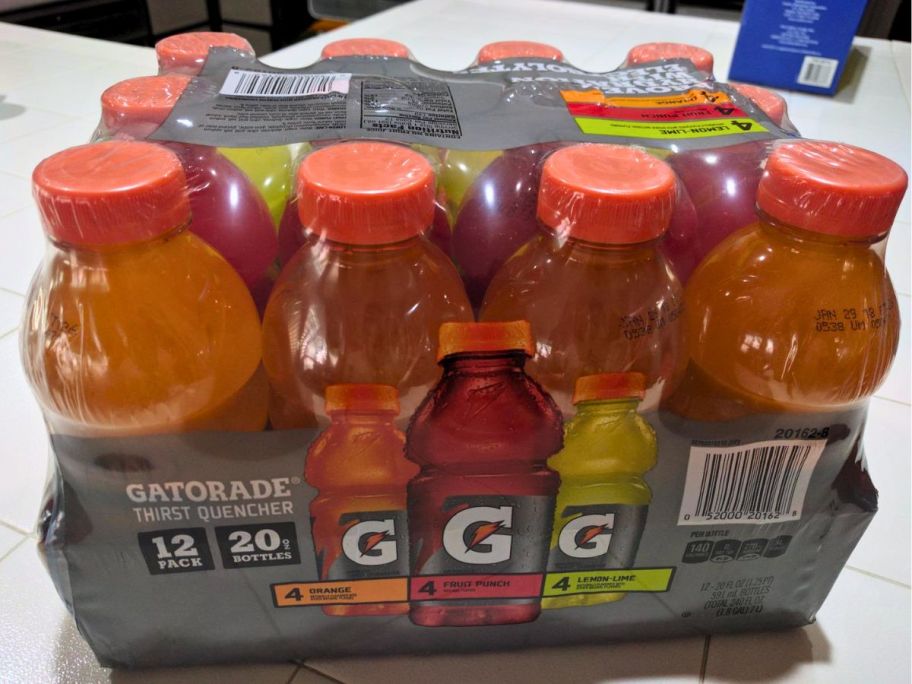 gatorade 20oz variety 12 pack on a kitchen counter