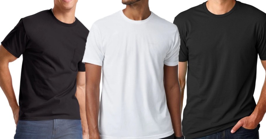 three men wearing two black shirts and one white shirt 