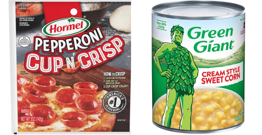 hormel cup n crisp pepperoni bag and green giant corn can 