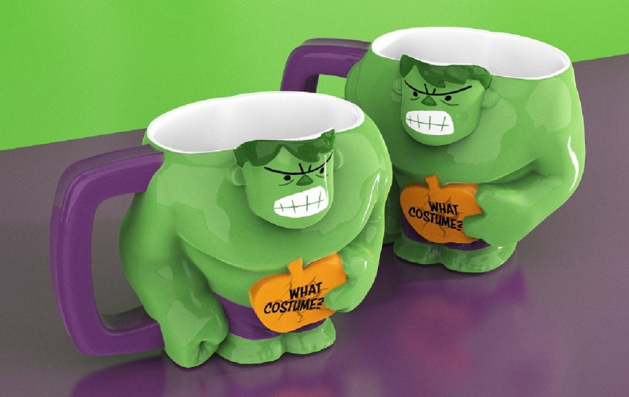 hulk halloween mugs displayed on the table